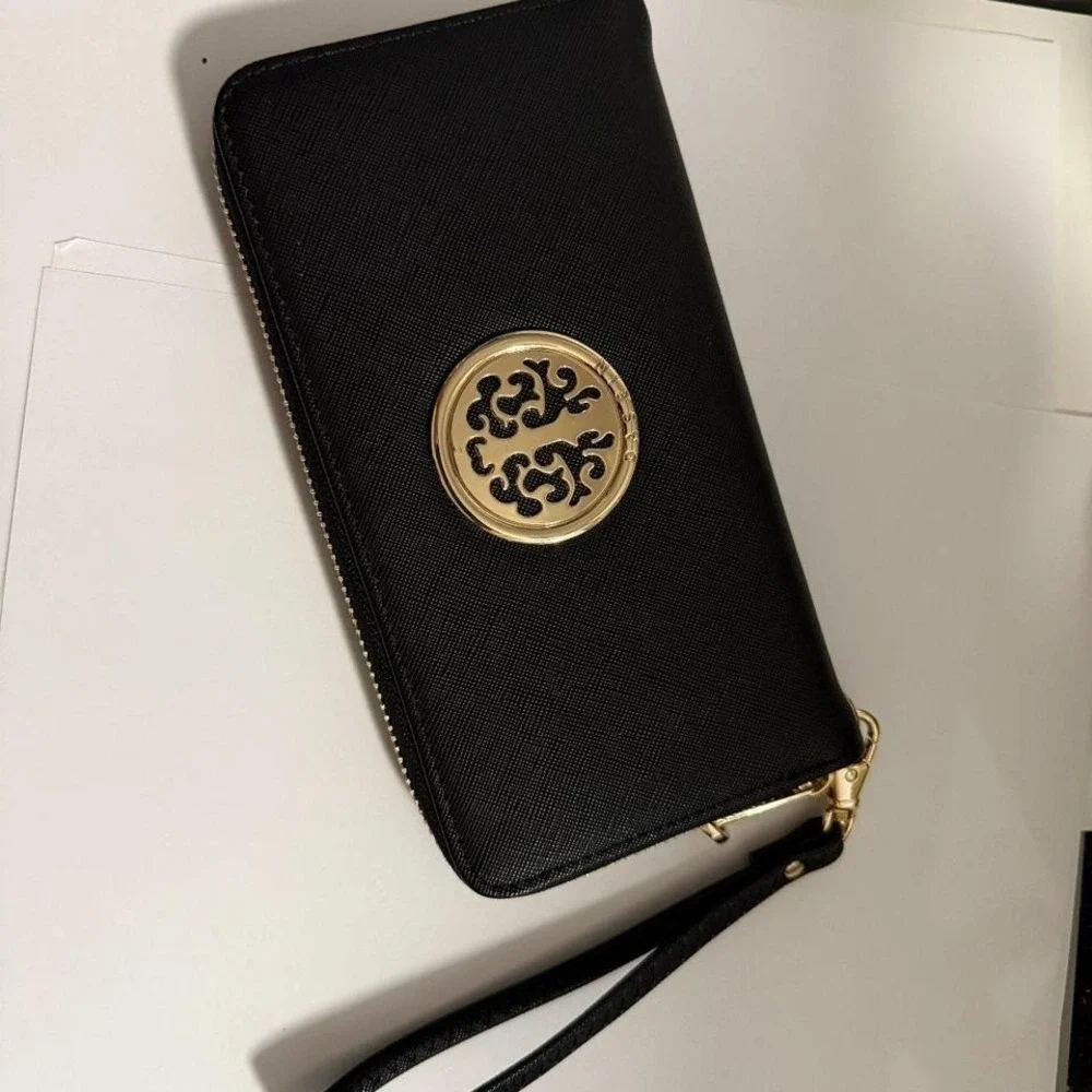 Dasien womens black‎ and gold tone wallet purse wristlet